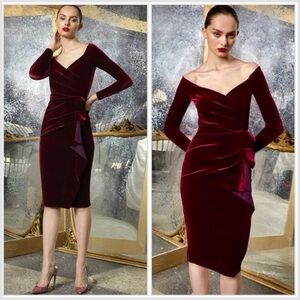 Chiara Boni Silveria Red Velvet Ruffle Draped Knee Length Dress